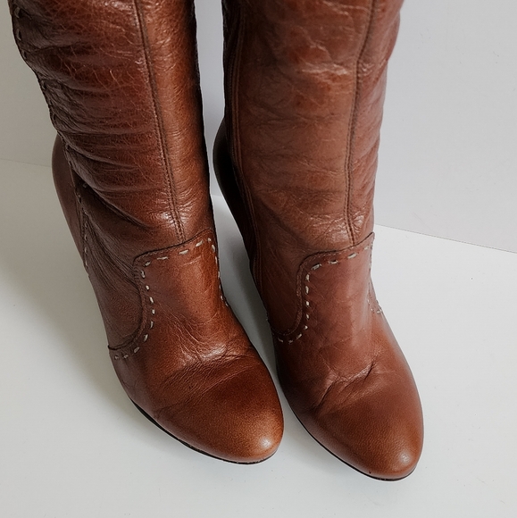 DIBA BOOTS COGNAC BROWN WEDGE HEEL KNEE HIGH ALMOND TOE BUCKLE LEATHER 7 - Picture 9 of 16